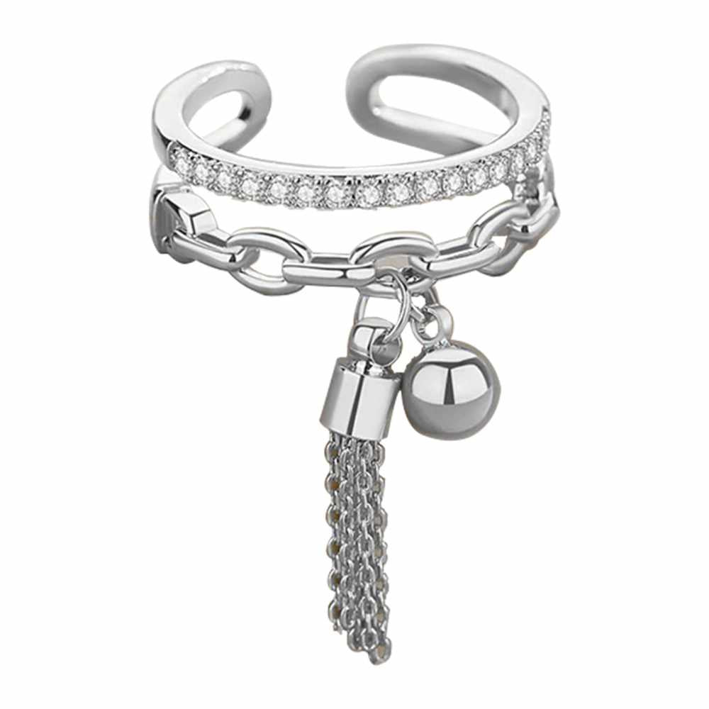Women's Adjustable Open Crystal Ring With Chain Tassel Drop