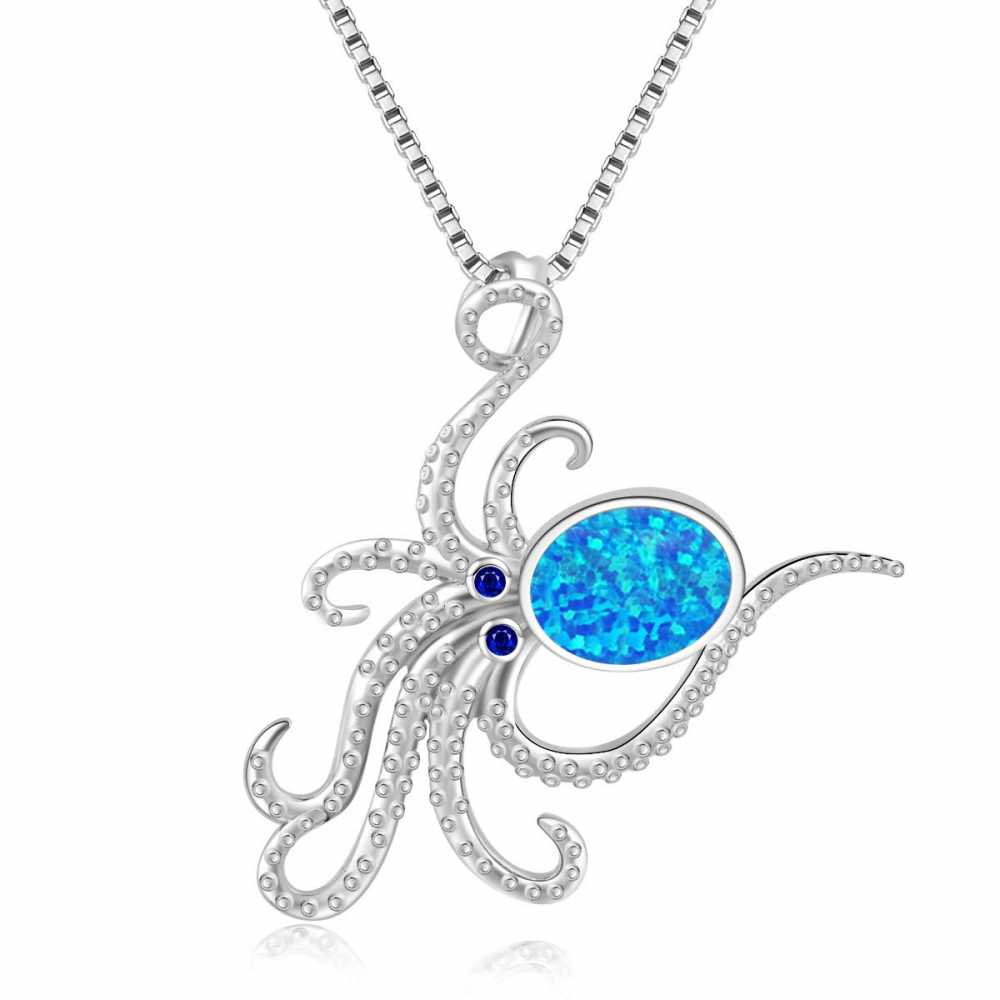 Women's Sterling Silver Opal Octopus Pendant Necklace