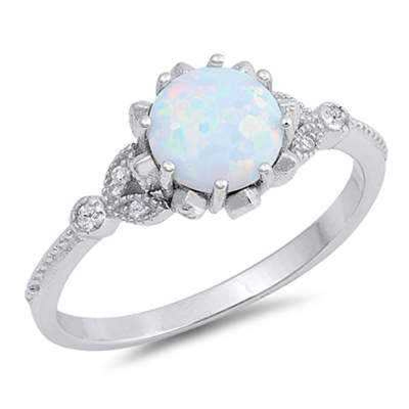 Women's Sterling Silver Round Shape Opal Ring With Zirconia