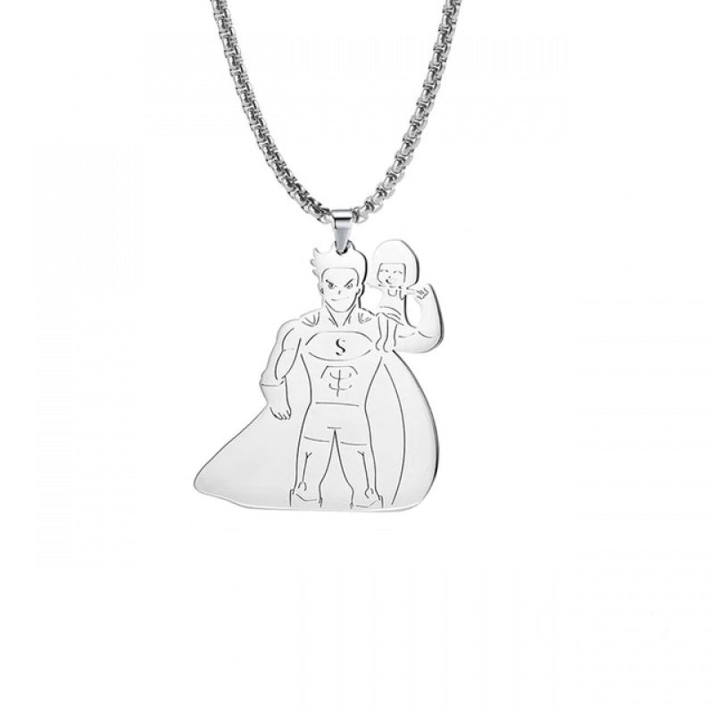 Stainless Steel Super Dad And Girl Pendant Necklace