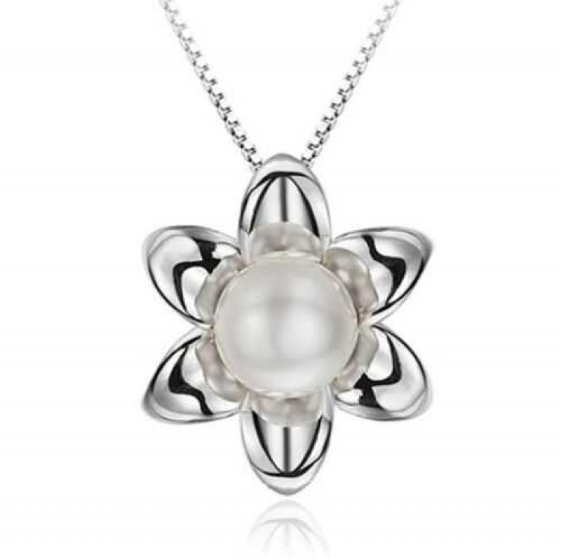 Women's Sterling Silver Flower Pearl Pendant Necklace