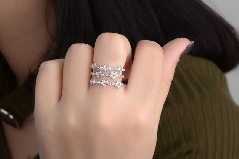 Women's Three-tier Open Stack Star Ring With Cubic Zirconia