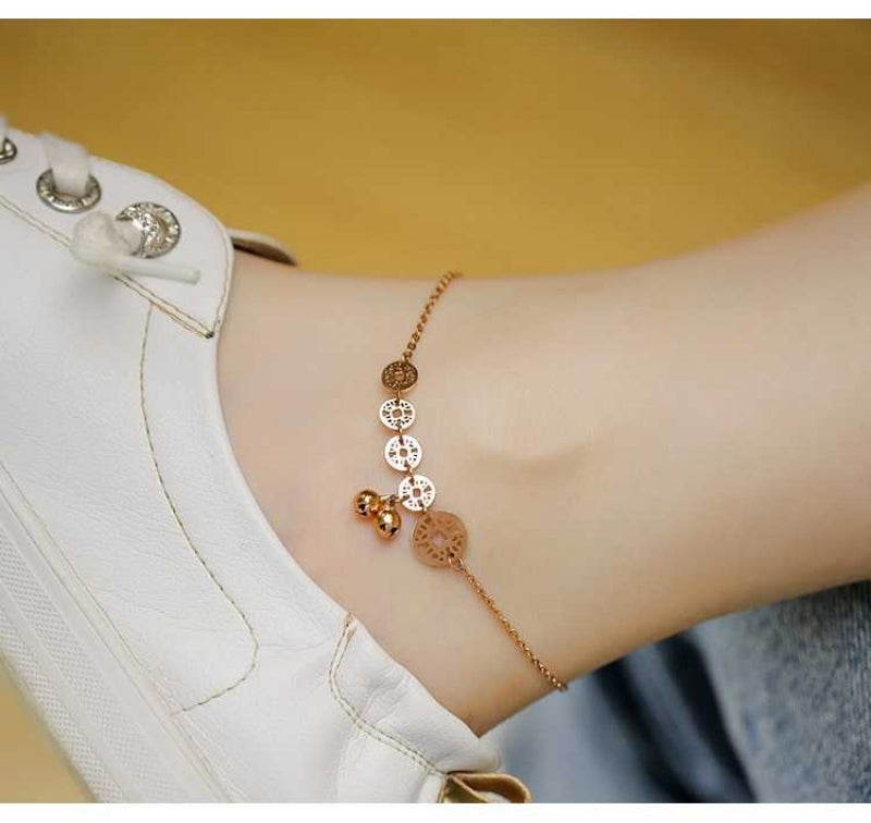 Women's Stainless Steel Filigree Coins Anklet With Bells