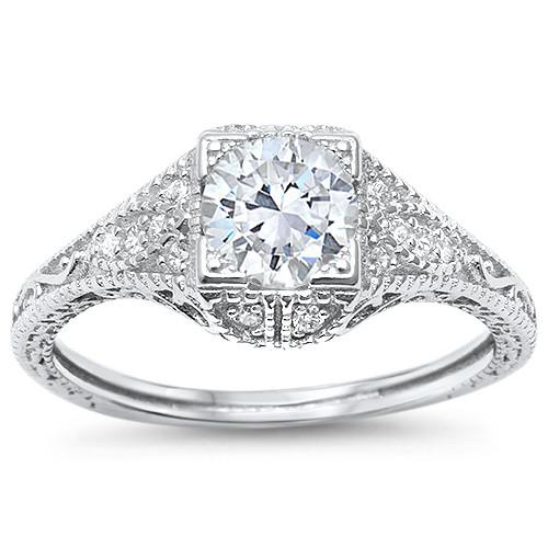 Women's Sterling Silver Antique Style Zirconia Solitaire Ring