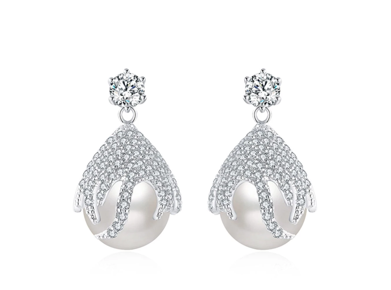 Women's Pearl Dangle Drop Earrings Studded With Rhinestone