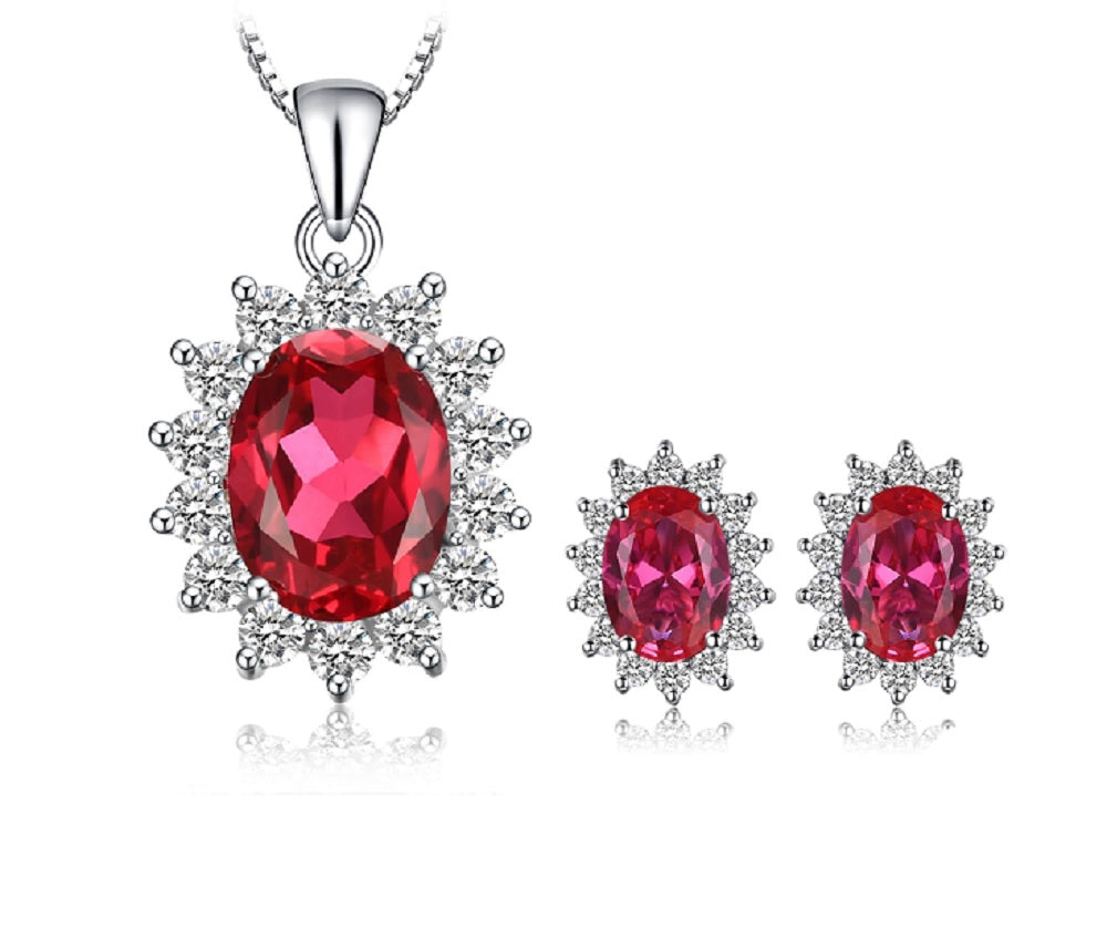 Women's Sterling Silver Ruby Jewelry Set With Crystal Stones