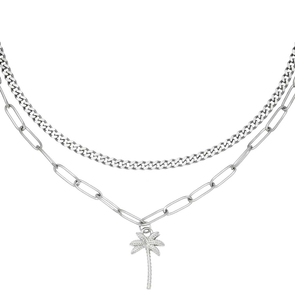 Women's Stainless Steel Layered Necklace With Palm Tree Pendant