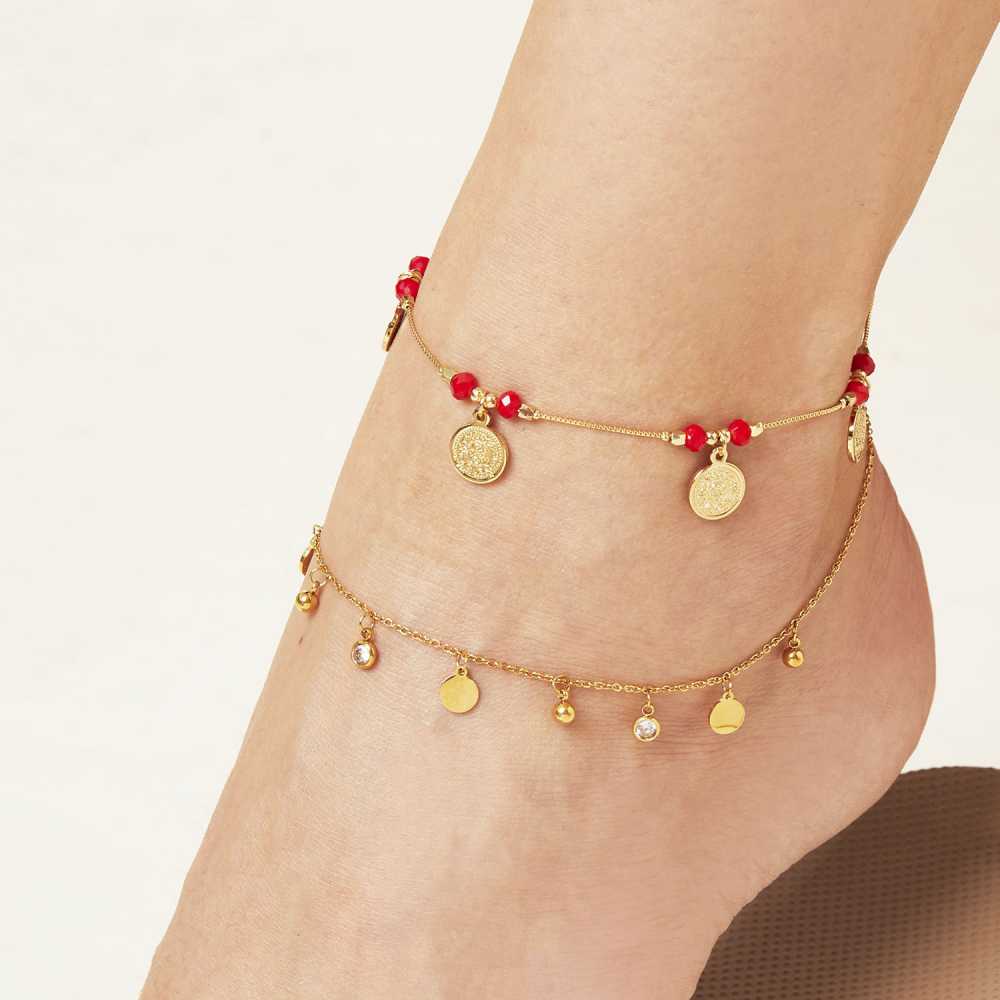 Women's Stainless Steel Bead Drop Anklet With Zirconia