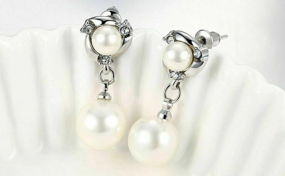 Women's Sterling Silver Pearl Dangle Drop Earrings With Zircon