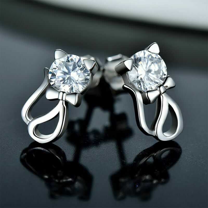 Women's Sterling Silver Crystal Cat Stud Earrings