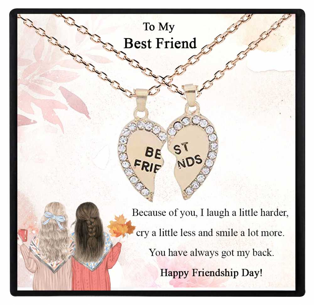 Women's Split Heart Friendship Pendant Necklaces With Rhinestone