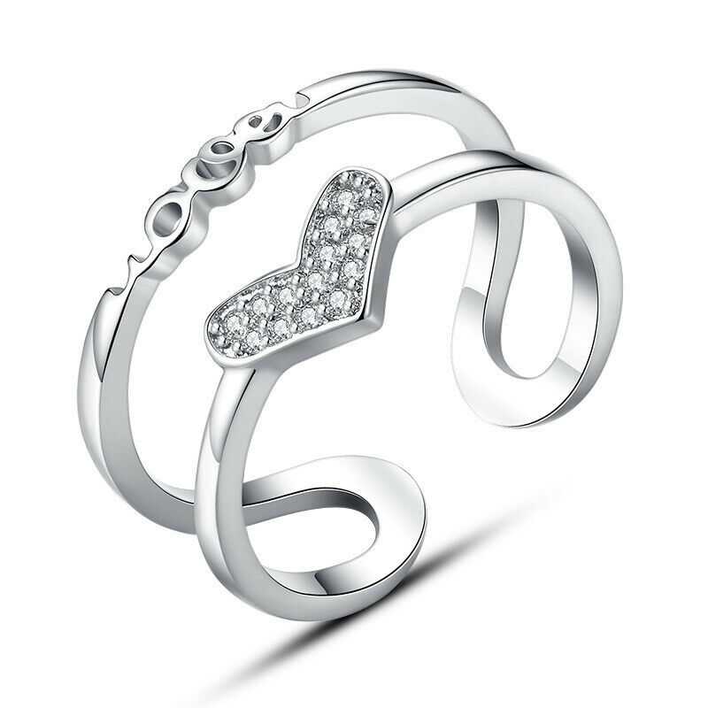 Women's Sterling Silver Adjustable Heart Ring With Stones
