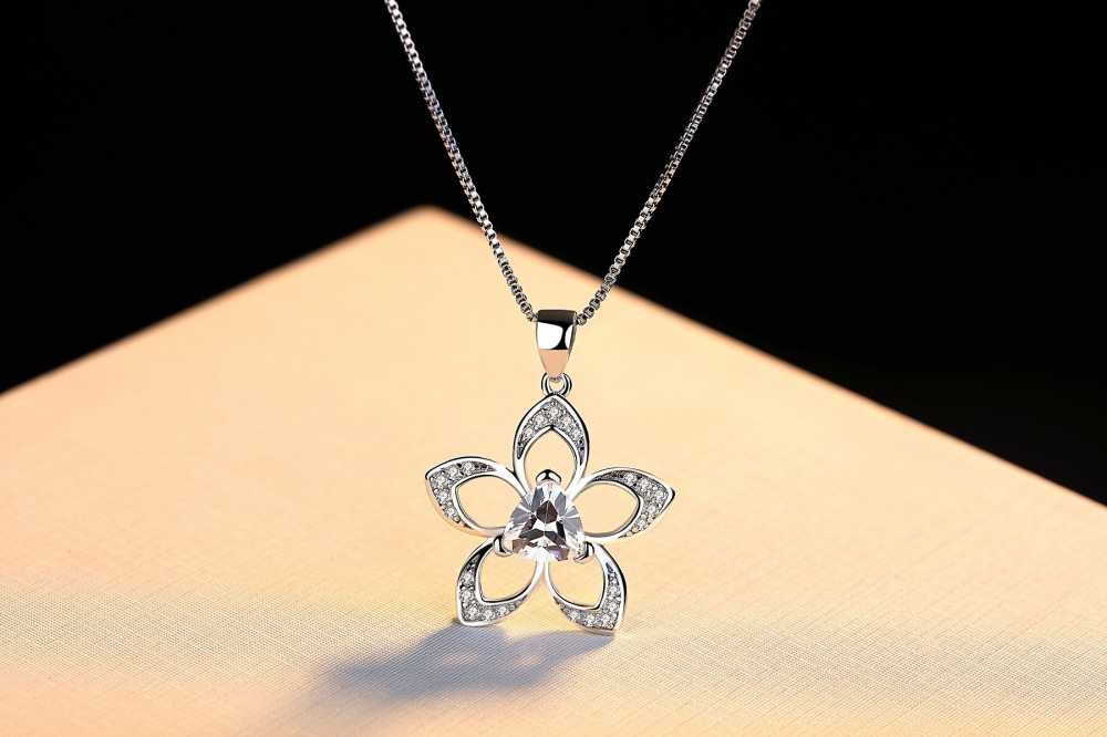 Women's Sterling Silver Trillion Cut Crystal Flower Necklace