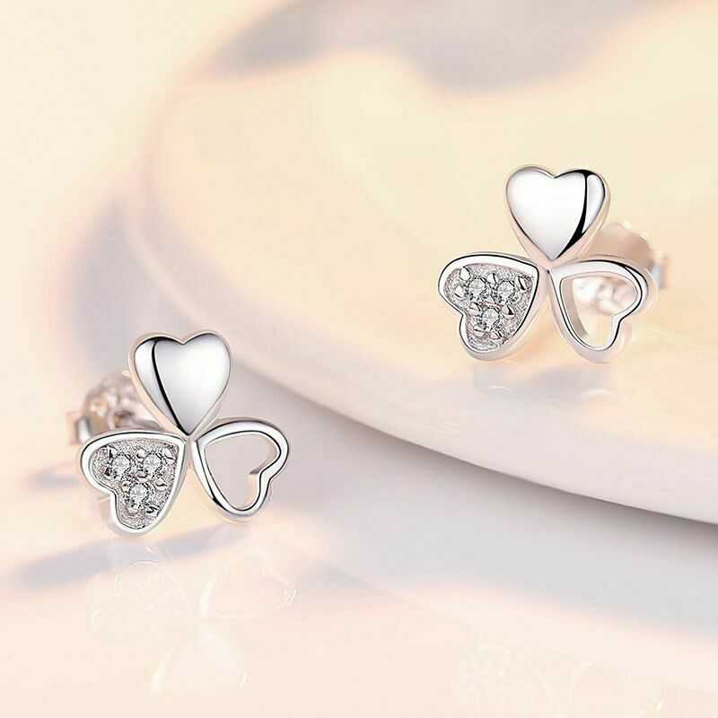 Women's Sterling Silver Clover Stud Earrings With Cubic Zirconia