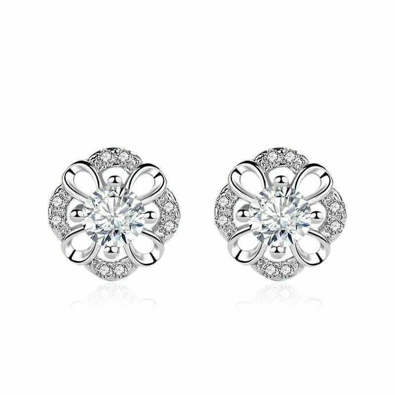 Women's Sterling Silver Flower Stud Earrings With Rhinestones