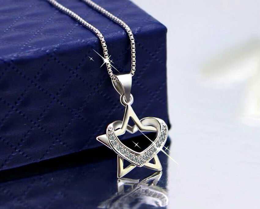Women's Sterling Silver Heart And Star Cubic Zirconia Necklace