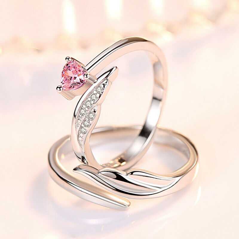 Couple's Sterling Silver Angel Wing And Heart Adjustable Ring