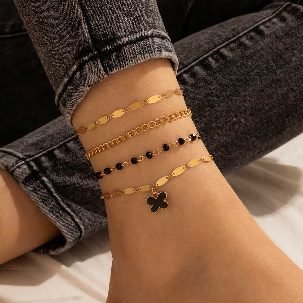Women's Bohemian 4 Piece Stackable Bead And Chain Anklets