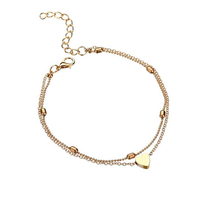 Women's Two-Tier Heart And Bead Motif Anklet With Lobster Clasp