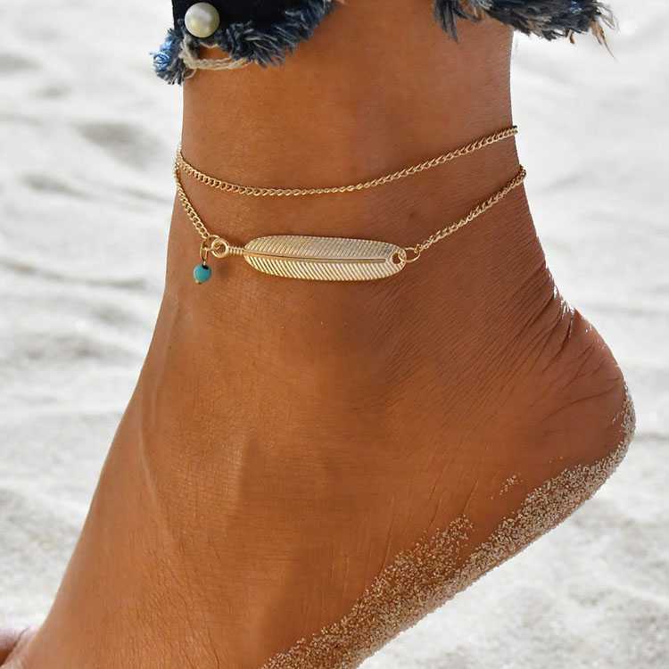 Women's Two-Row Bohemian Style Feather Anklet With Lobster Clasp