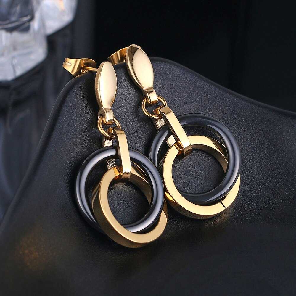 Women's Stainless Steel And Ceramic Circle Drop Earrings