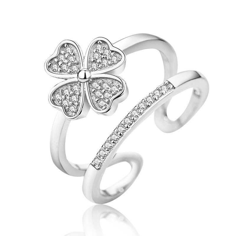 Women's Sterling Silver Clover Open Wave Ring With Zirconia