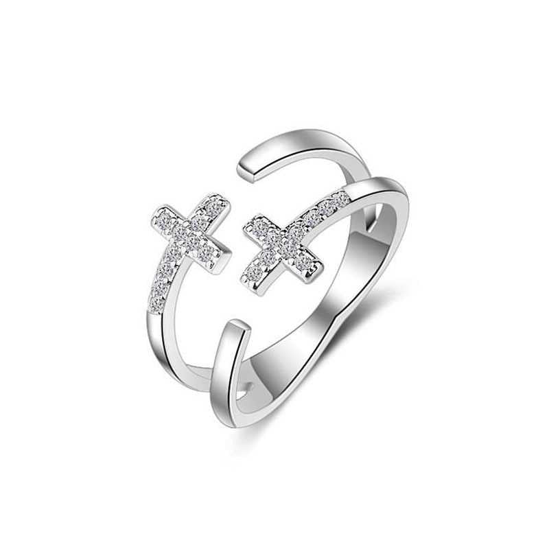 Women's Sterling Silver Cross Open Ring With Cubic Zirconia