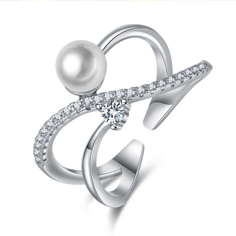 Women's Sterling Silver Pearl And Cubic Zirconia Open Ring