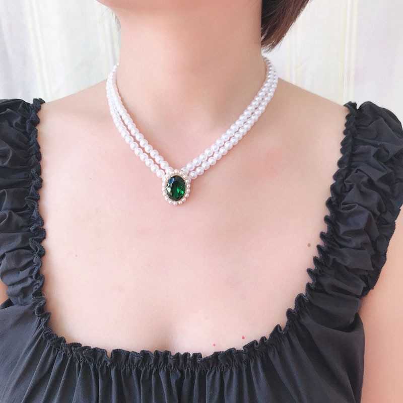 Women's  Double Layered Pearl Choker With Stone Pendant
