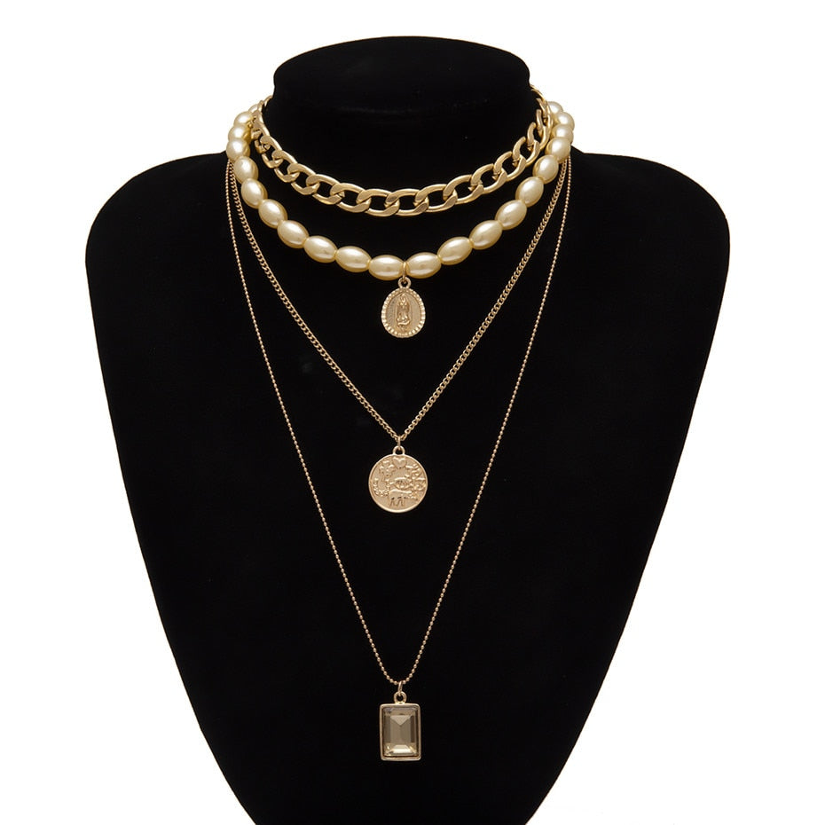 Women's Multi-Layered Necklace With Coin And Crystal Pendant