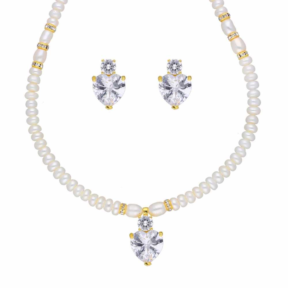 Freshwater Pearl Necklace With Zirconia Pendant And Stud Earring