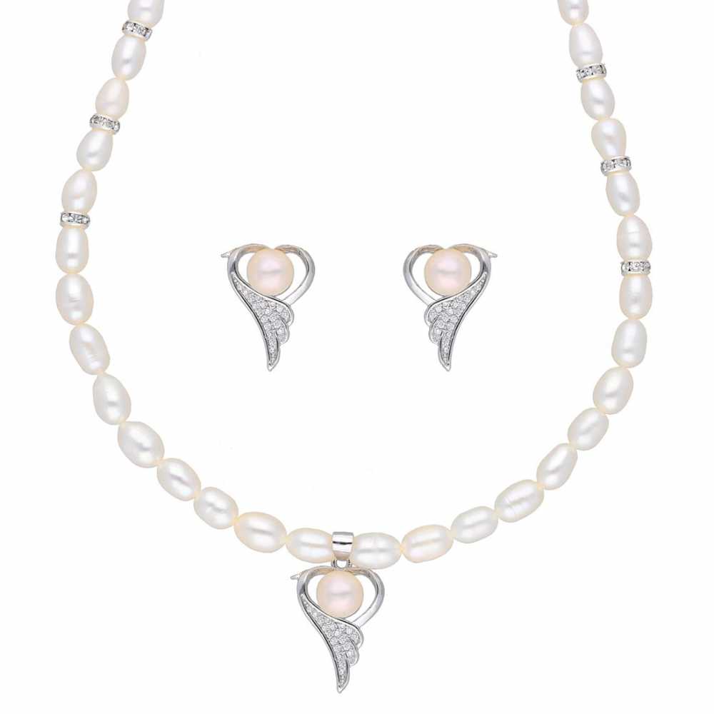 Freshwater Pearl Necklace With Heart Shaped Pendant And Stud Earring