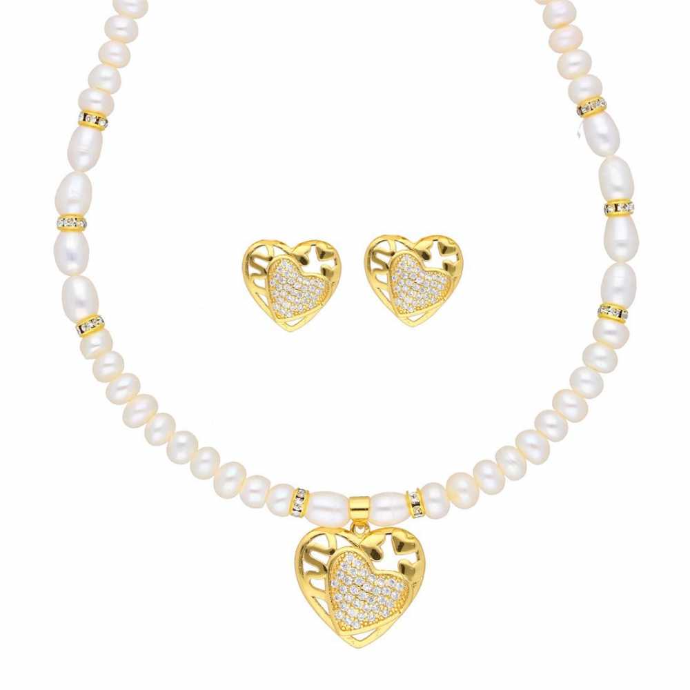 Freshwater Pearl Necklace With Gold Plated Pendant And Stud Earring