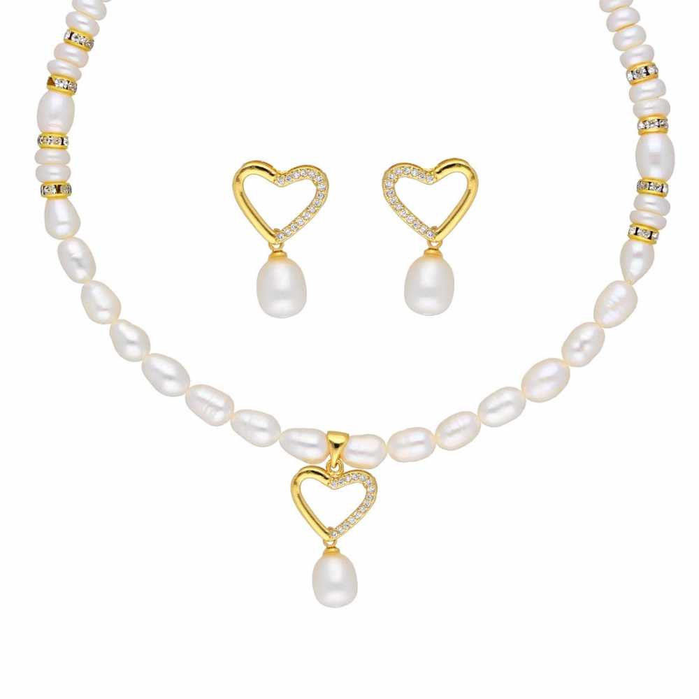 Freshwater Pearl Necklace With Heart Shaped Pendant And Drop Earring