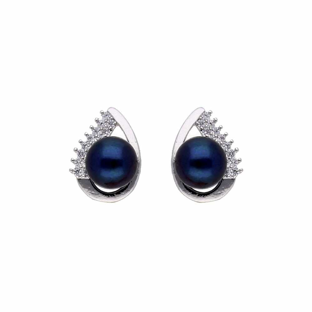 Silver Plated Stud Earring With Blue Freshwater Pearl And Zirconia