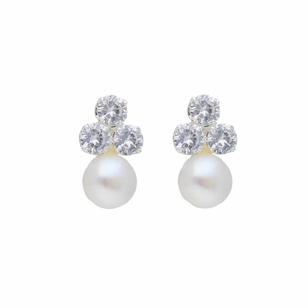 Silver Plated Stud Earring With White Freshwater Pearl And Zirconia