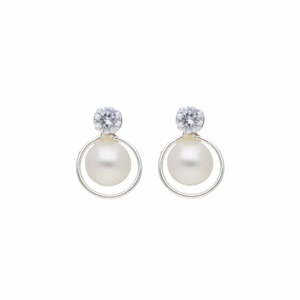 Silver Plated Stud Earring With Freshwater Pearl And Zirconia
