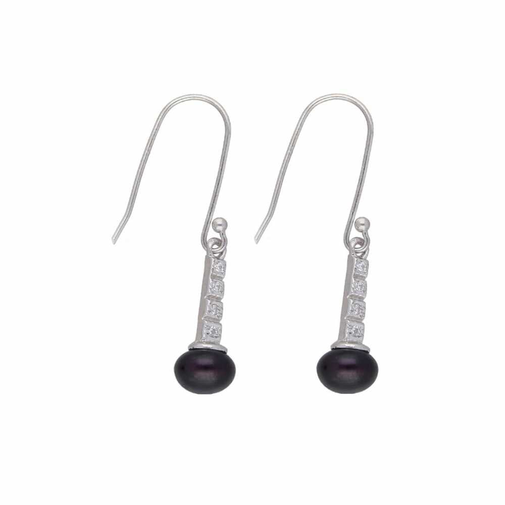 925 Sterling Silver Earring With Black Freshwater Pearl And Zirconia