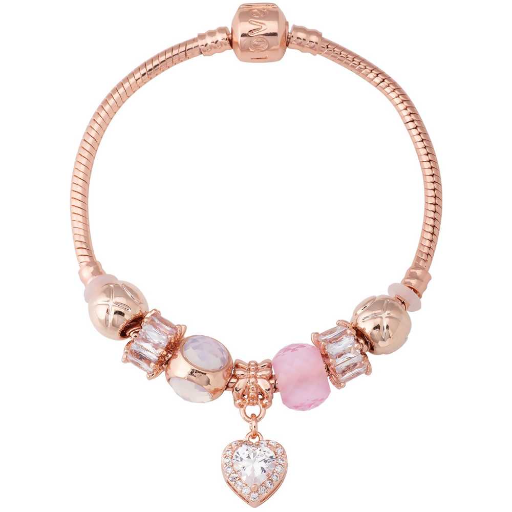 Women's Murano Glass Crystal Bracelet With Heart Charm In Rose Gold