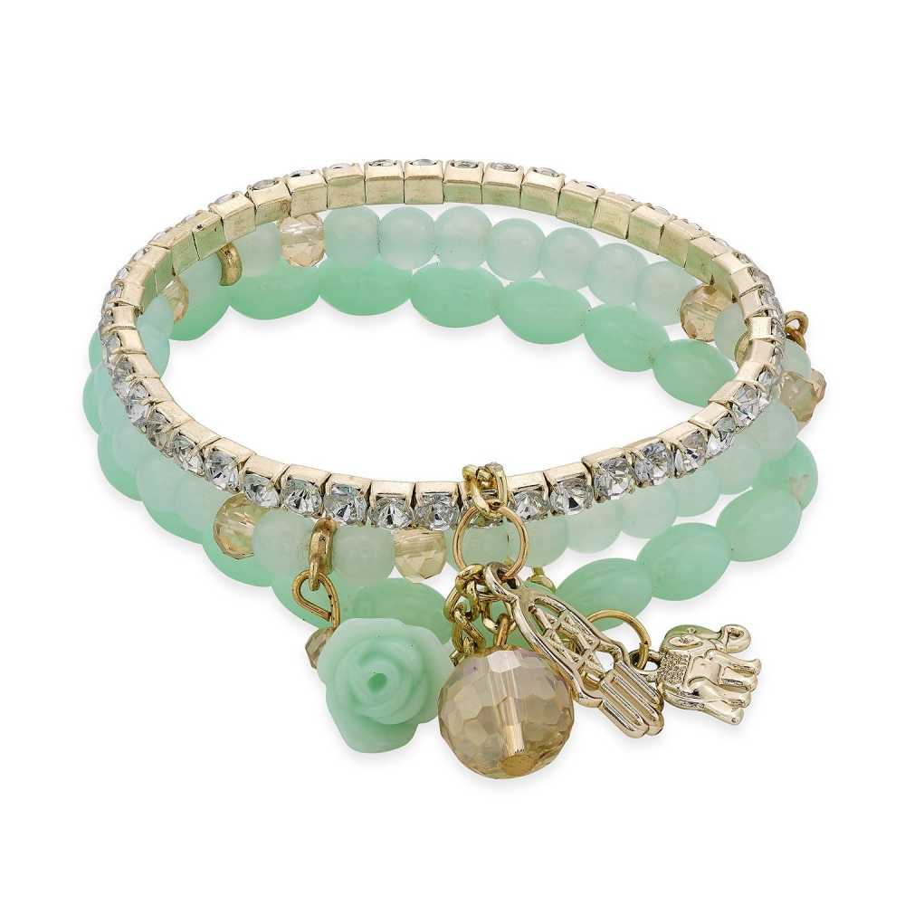 Women's 3-String Jade Green Bead Bracelet With Charms And Zirconia