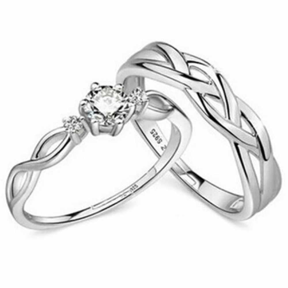 Silver Plated Solitaire Adjustable Couple Ring Set