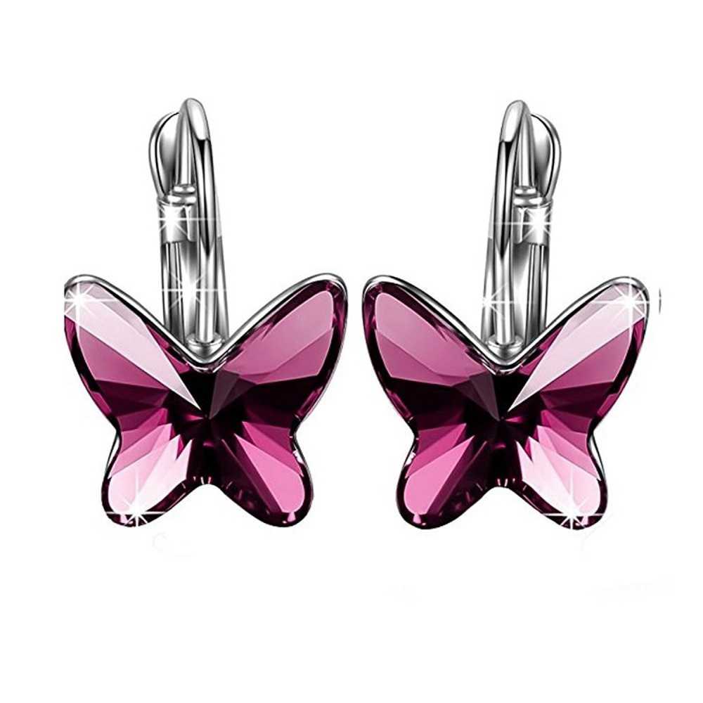 Women's Silver Plated Butterfly Crystal Stud Earring In Purple