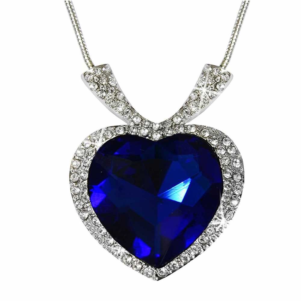 Women's Blue Heart Shaped Crystal And Zirconia Pendant With Chain