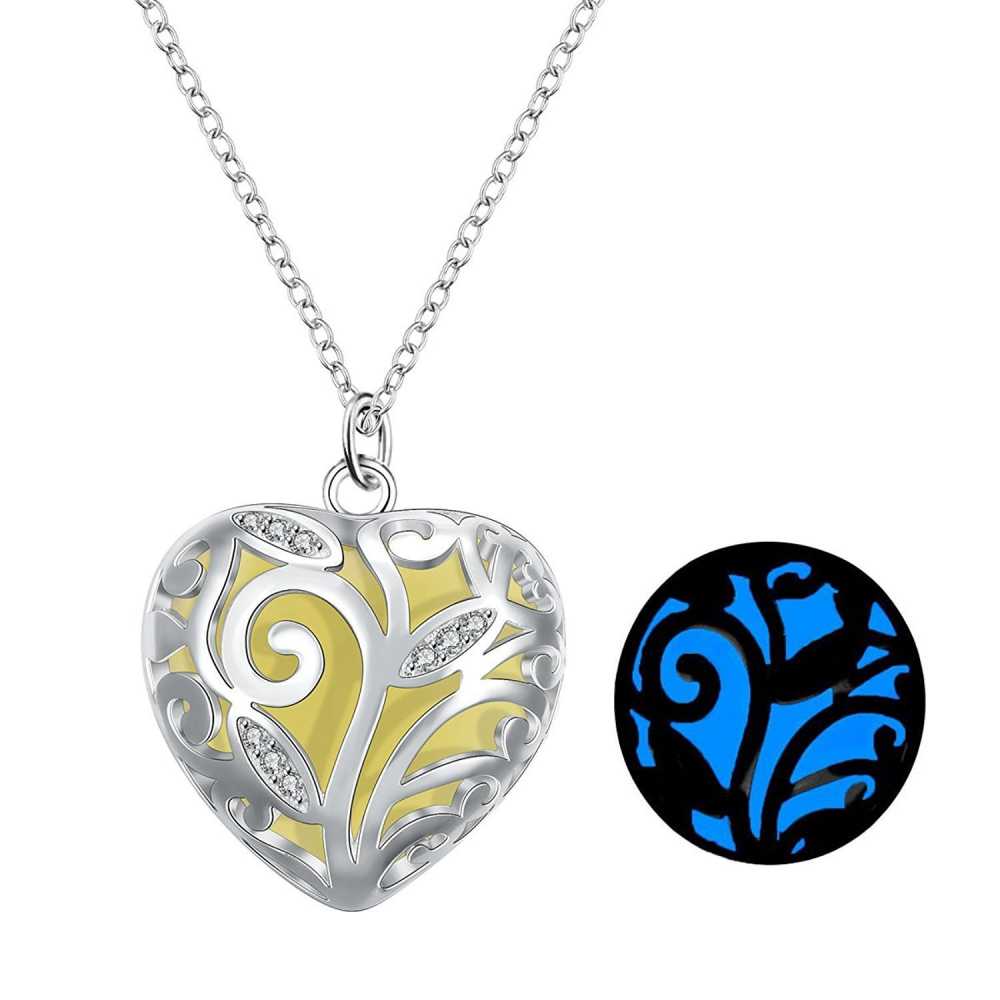 Women's Silver Plated Glow In The Dark Heart Pendant With Chain