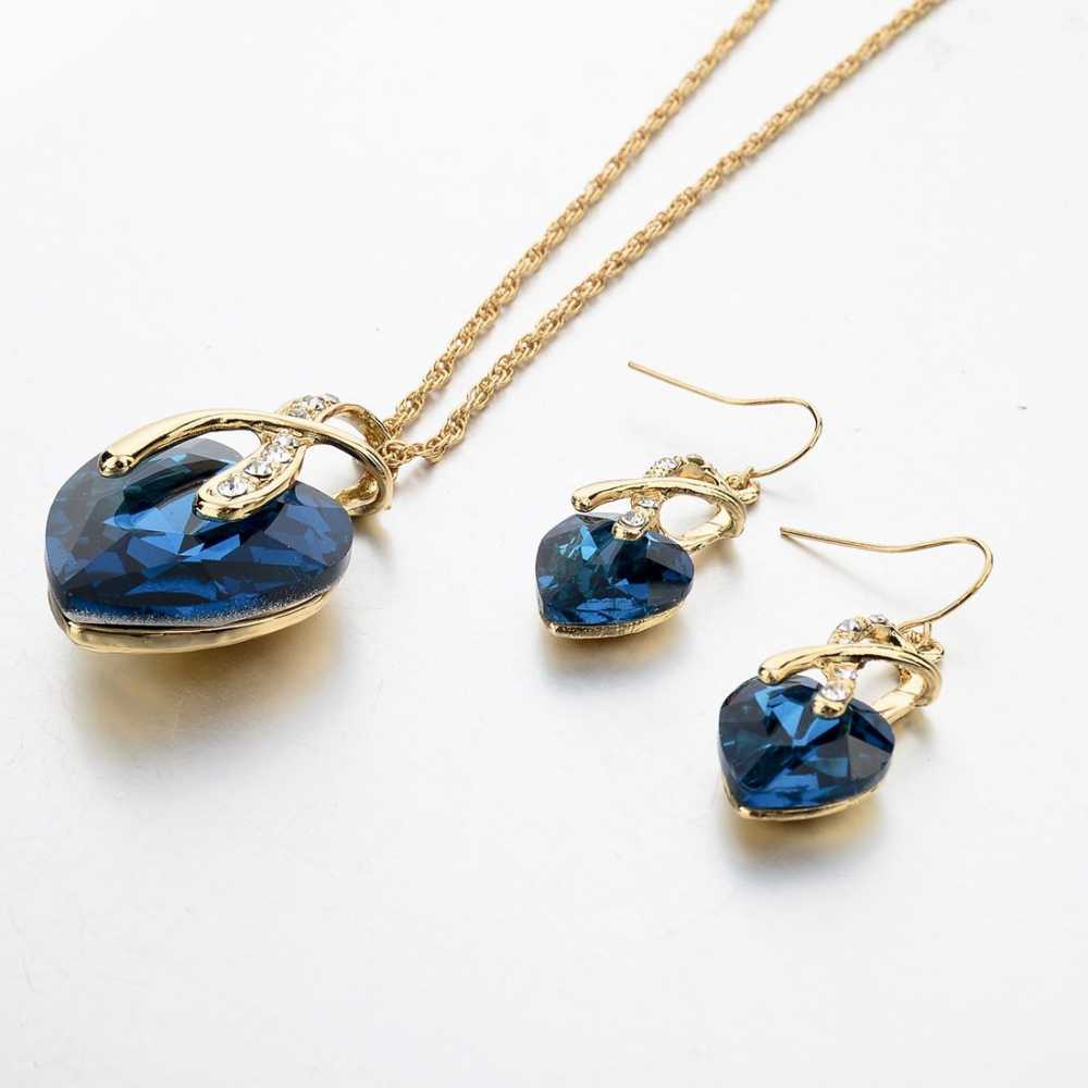 Women's Blue Crystal Pendant With Chain And Drop Earring