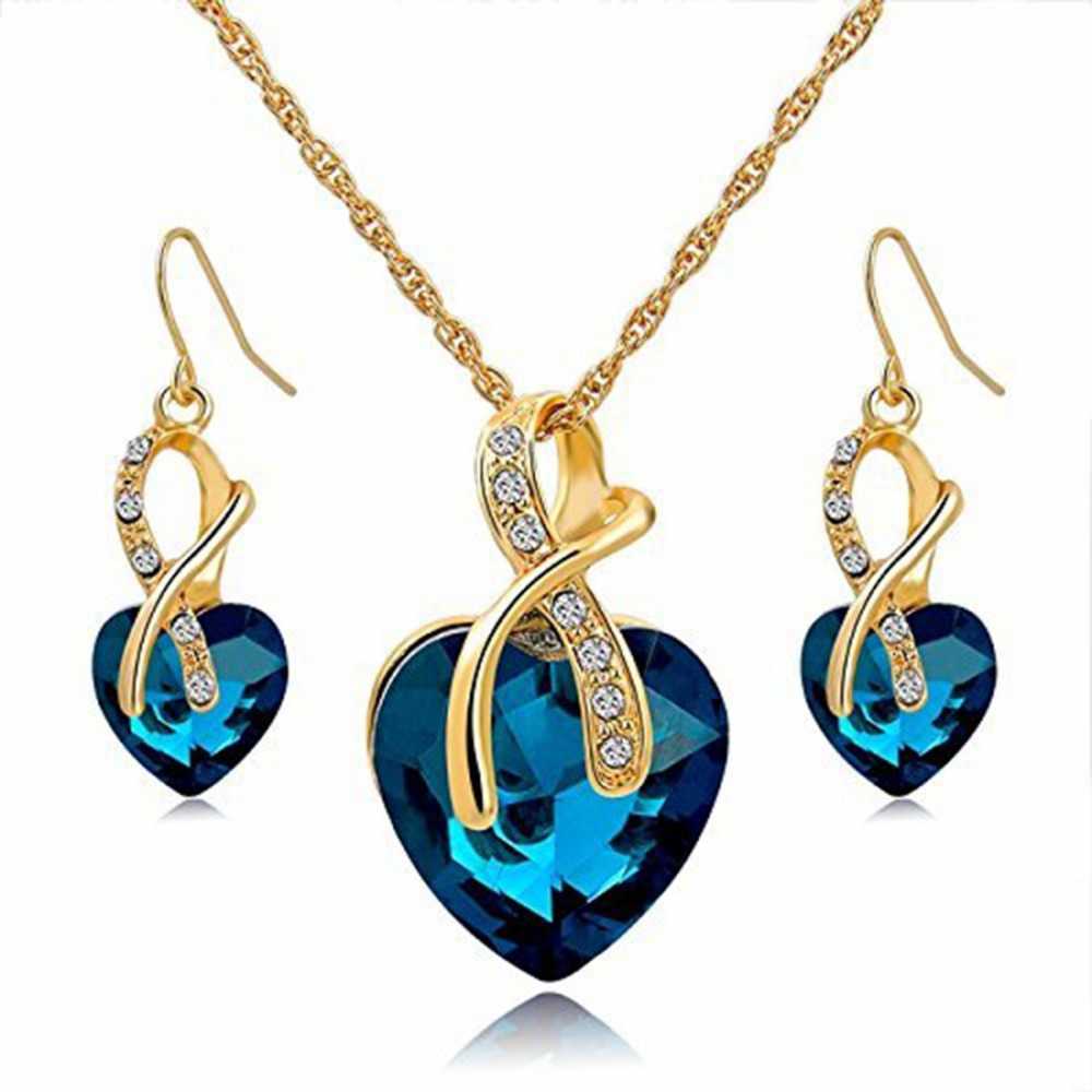 Women's Blue Crystal Pendant With Chain And Drop Earring