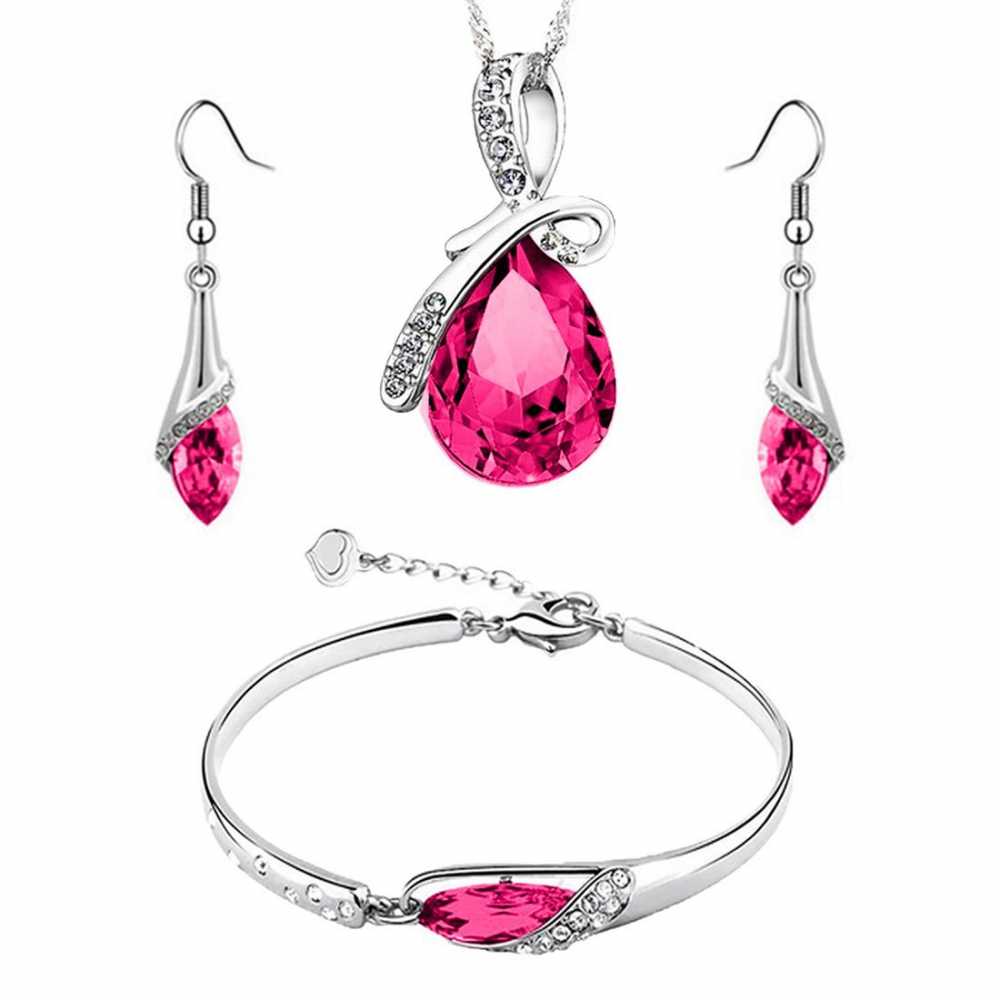 Women's Pink Crystal Pendant Necklace, Drop Earring And Bracelet Set