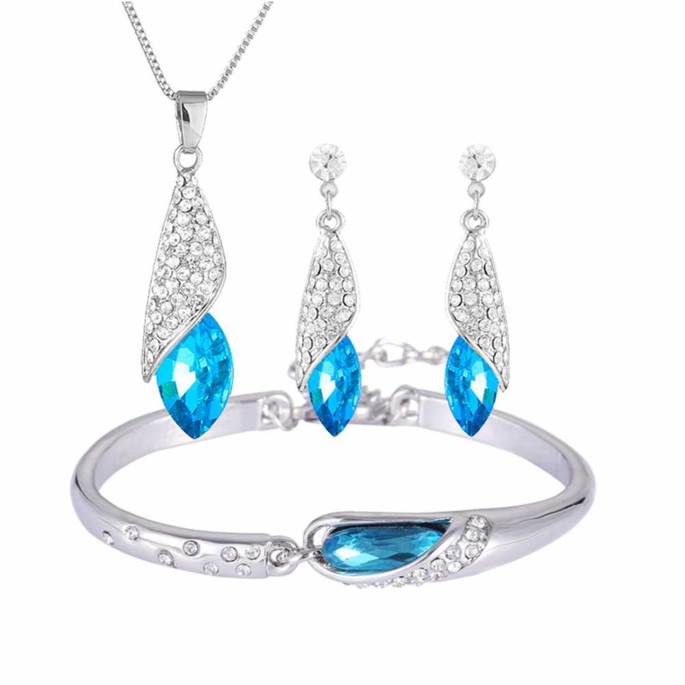 Women's Blue Crystal Pendant Necklace, Drop Earring And Bracelet Set
