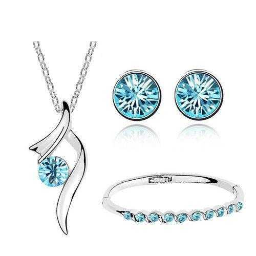 Women's Blue Crystal Pendant Necklace, Stud Earring And Bracelet Set