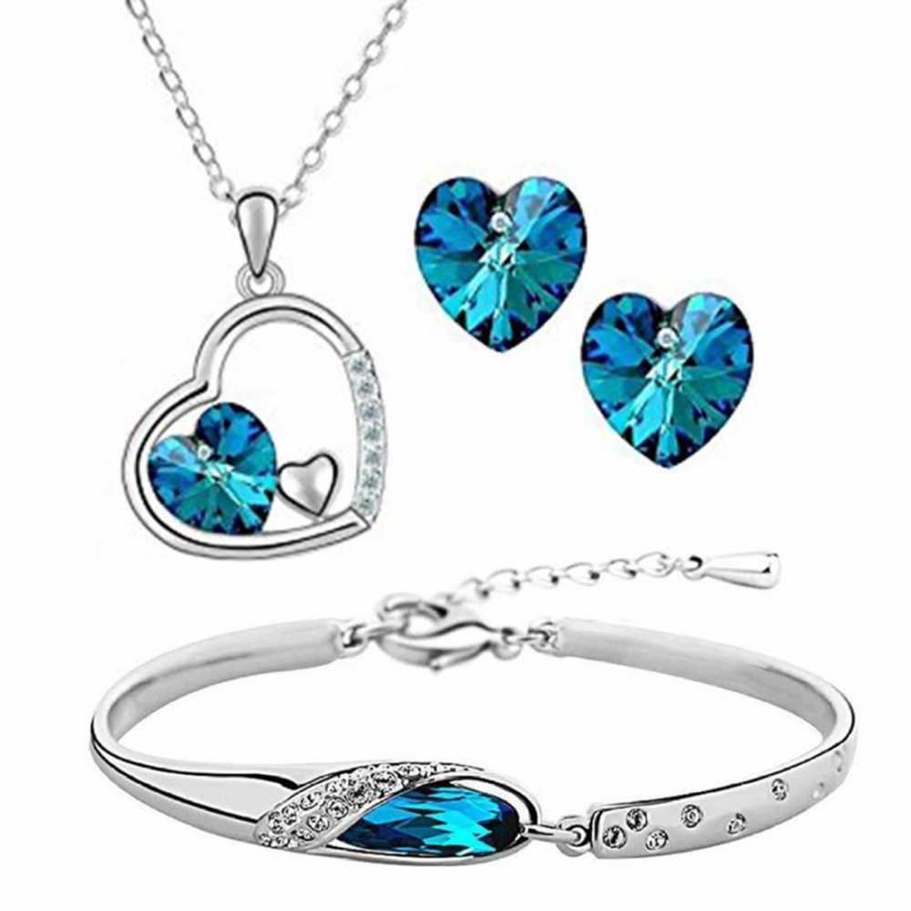 Heart Shaped Crystal Pendant Necklace, Stud Earring And Bracelet Set